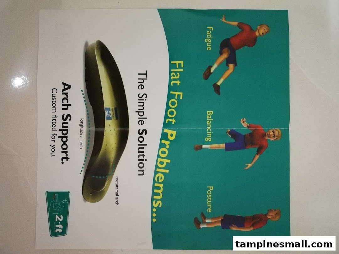 A promotional flyer from 2ft Orthotics detailing flat foot problems and custom arch support solutions.