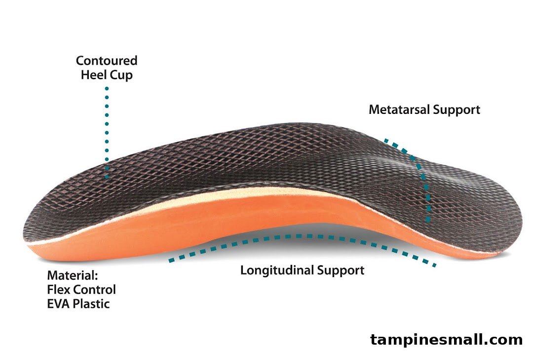 An orthotic insert with labeled features including contoured heel cup, metatarsal, and longitudinal support.