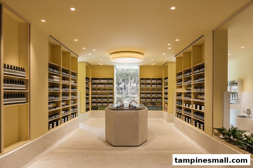An interior view of an Aesop store featuring minimalist design, shelves of products, and a central testing sink.