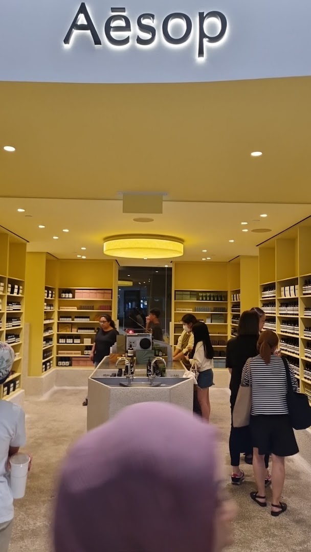 The interior of an Aesop store featuring its distinctive product displays, a central sink area, and customers browsing.