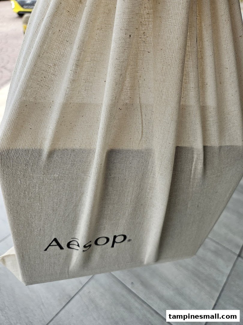 A close-up of an Aesop branded reusable fabric bag.