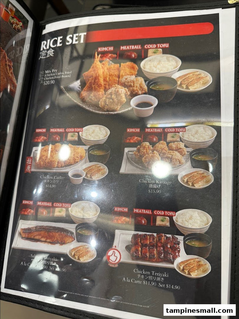 A detailed menu page showcasing various Japanese rice sets with fried chicken, salmon, and teriyaki options.