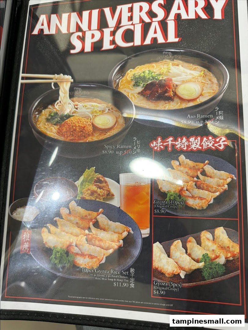 Anniversary Special menu featuring ramen, gyoza, and rice sets with prices.