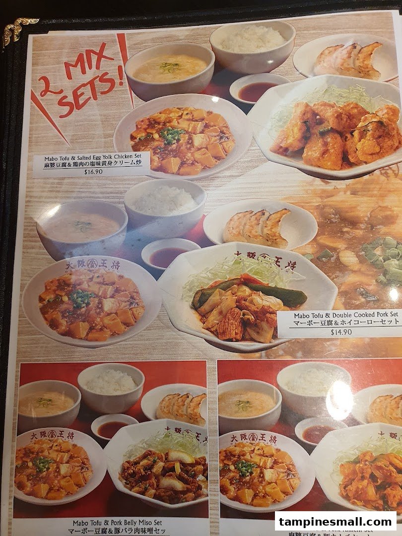 A menu displaying various Mabo Tofu set meals with chicken, pork, and gyoza.