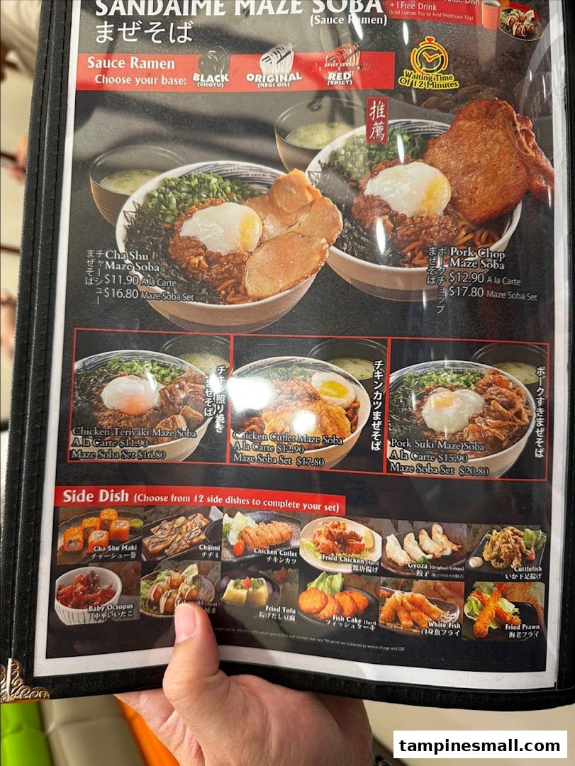 A detailed menu displaying various Sandaime Maze Soba dishes and a selection of side dishes.
