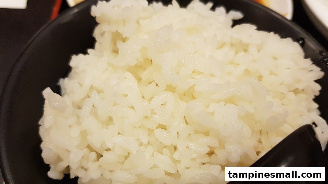 A close-up of a bowl of fluffy white rice with a black spoon, likely a side dish.