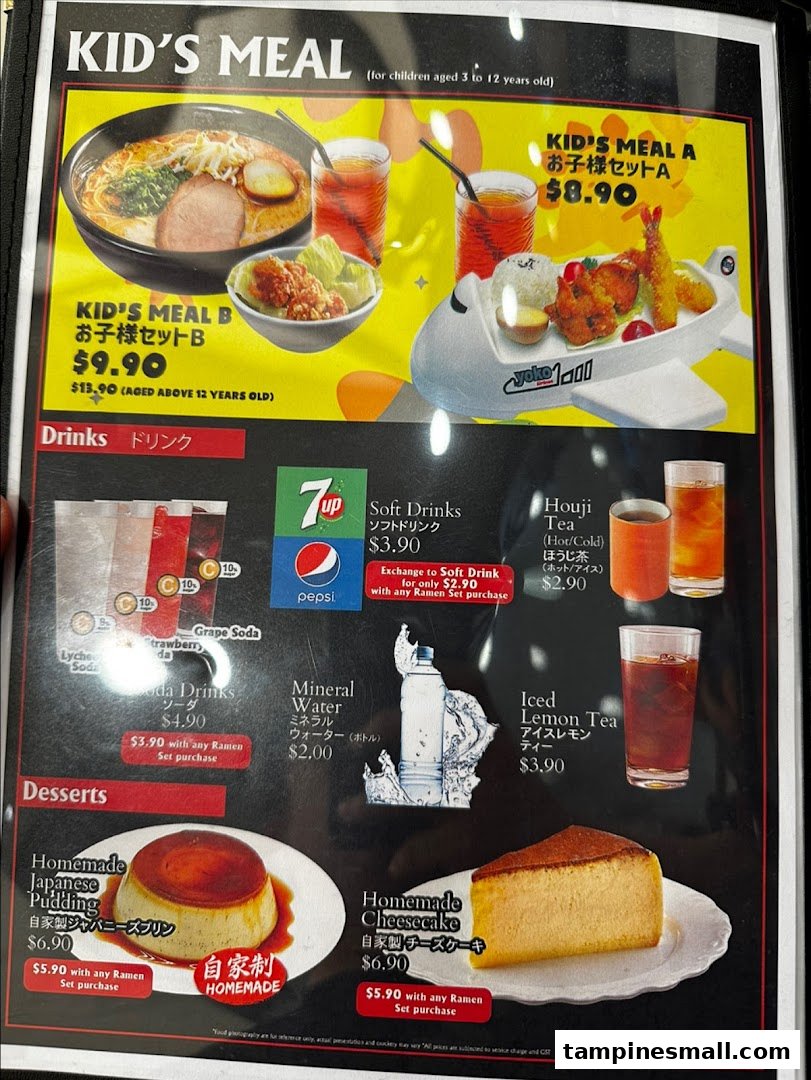 A detailed menu displaying kid's meals, drinks, and desserts with prices and special offers.