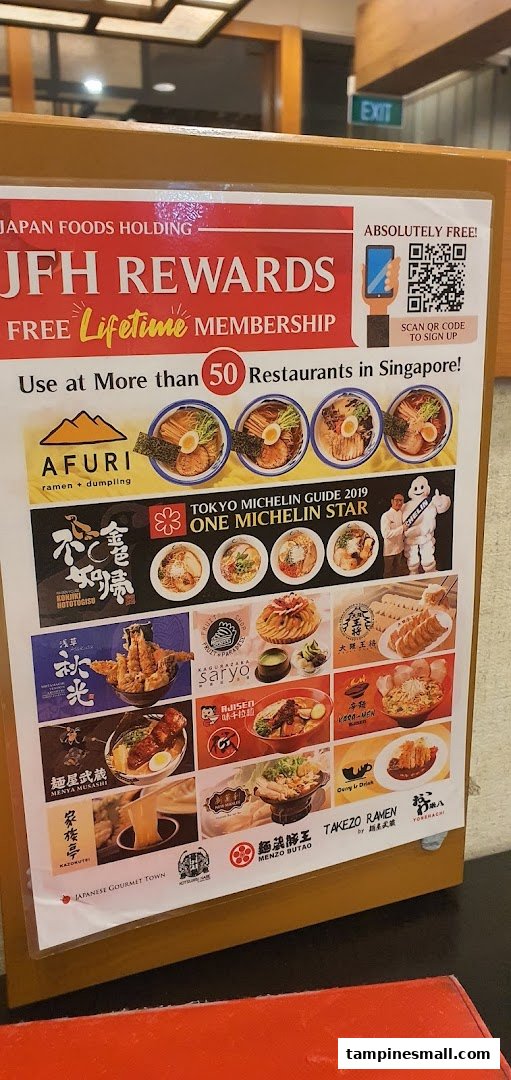 A promotional display for Japan Foods Holding's JFH Rewards program, featuring various Japanese restaurants.