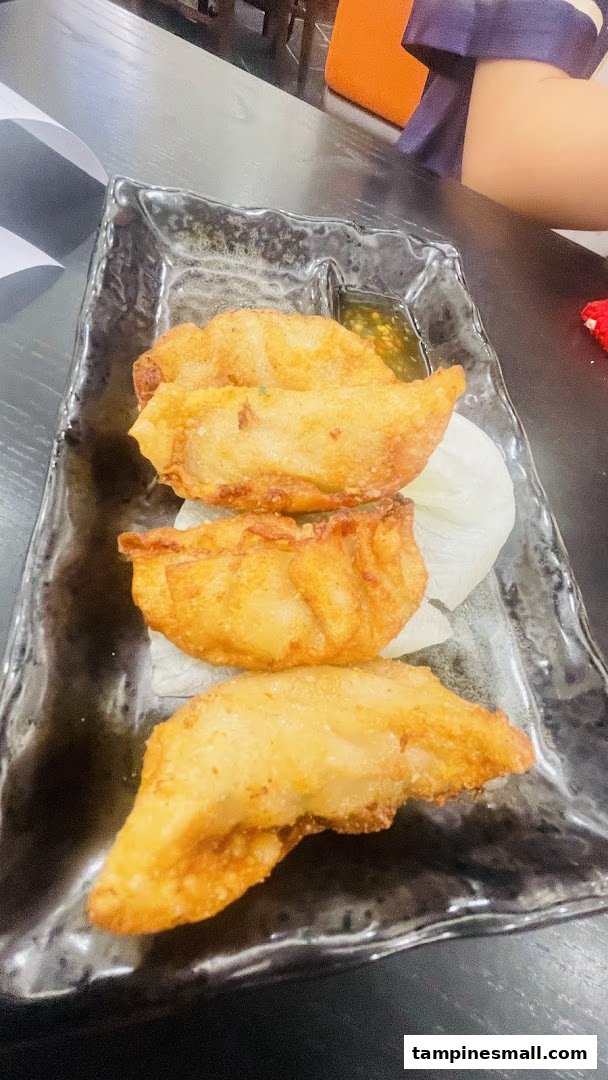 A plate of golden-fried dumplings with a dipping sauce, served on a dark textured dish.