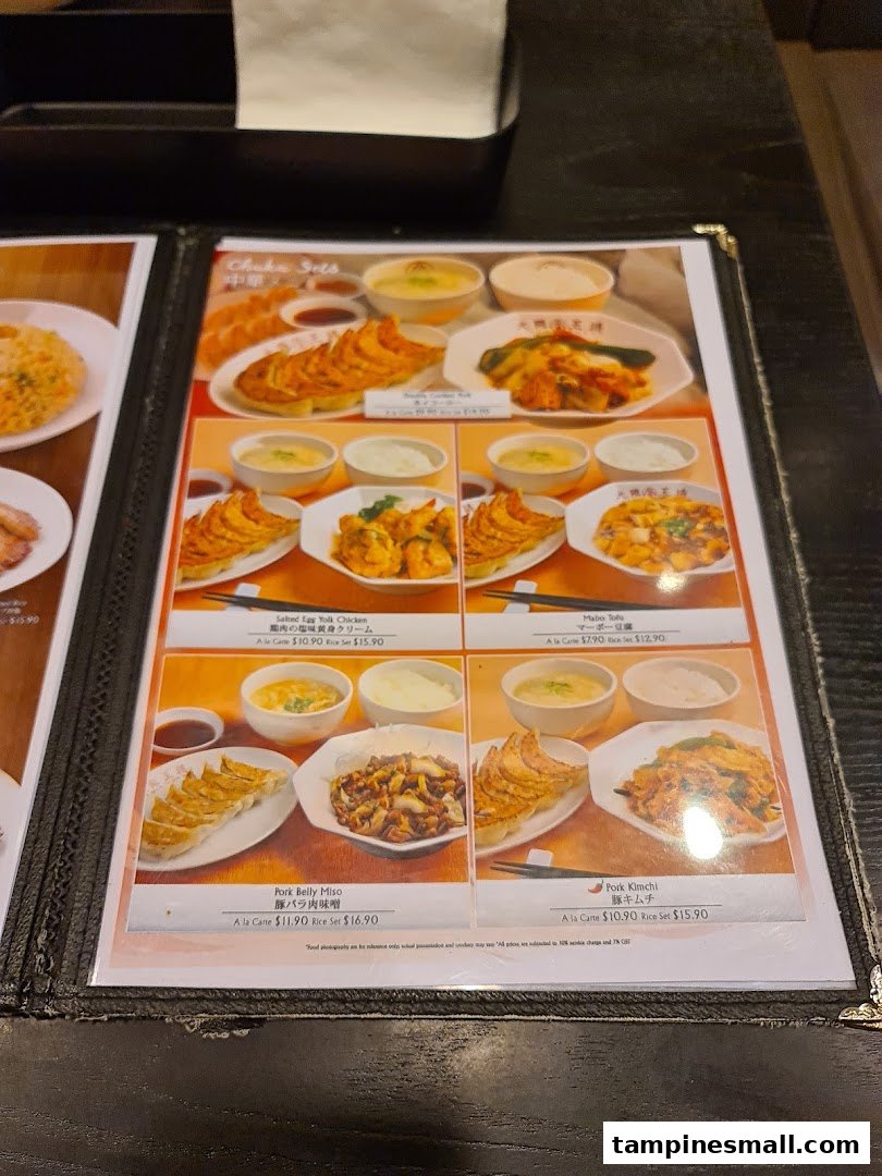A close-up of a menu page featuring various Japanese and Chinese set meals with images and prices.