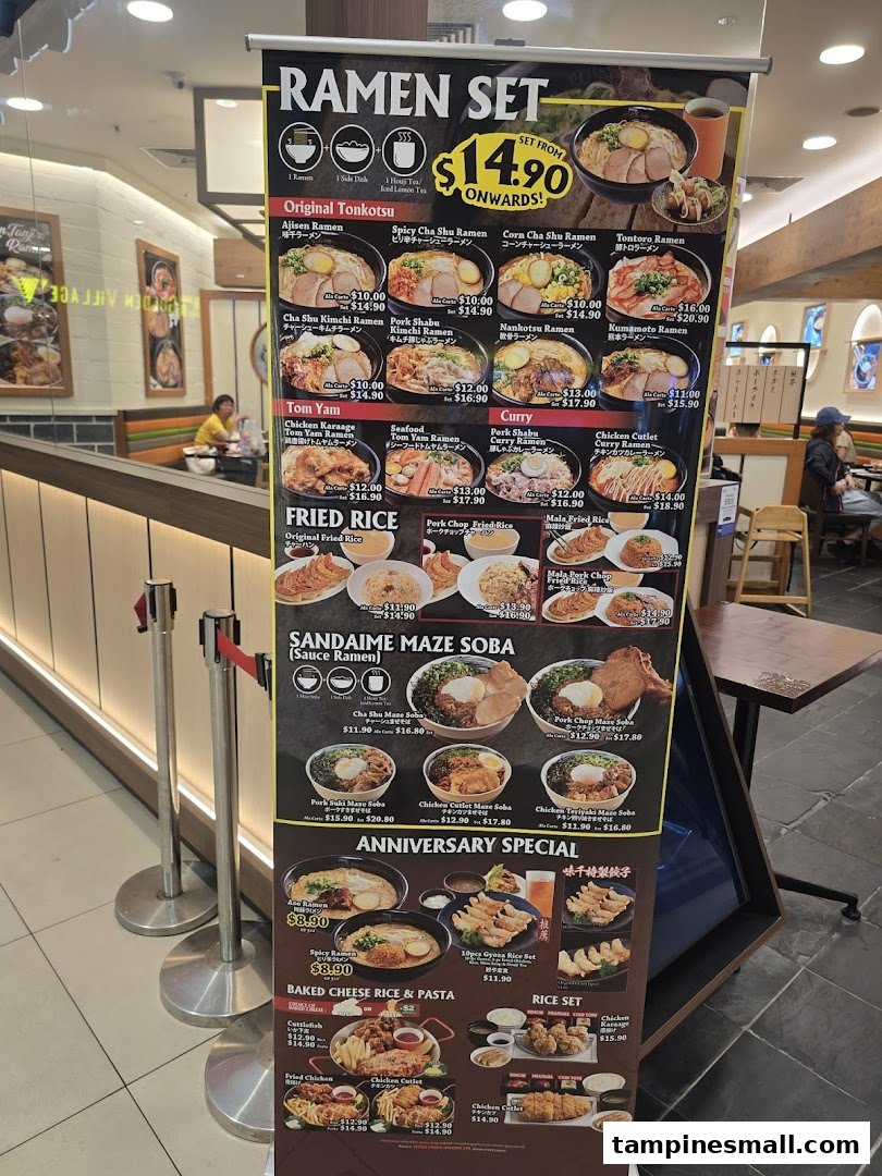 A vibrant menu board showcasing various ramen sets, fried rice, and other Japanese dishes.