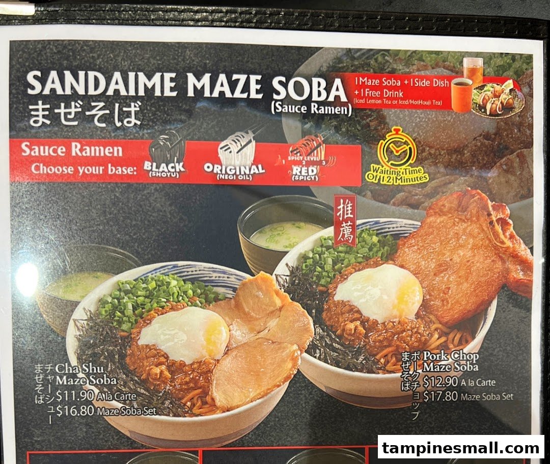A menu page displaying Sandaime Maze Soba options with different protein choices and pricing.