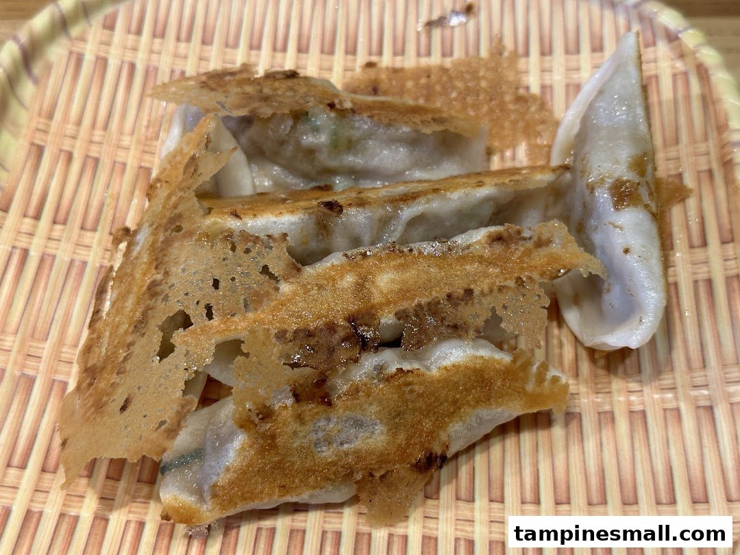 Close-up of pan-fried dumplings with crispy edges, served on a woven bamboo-style mat.