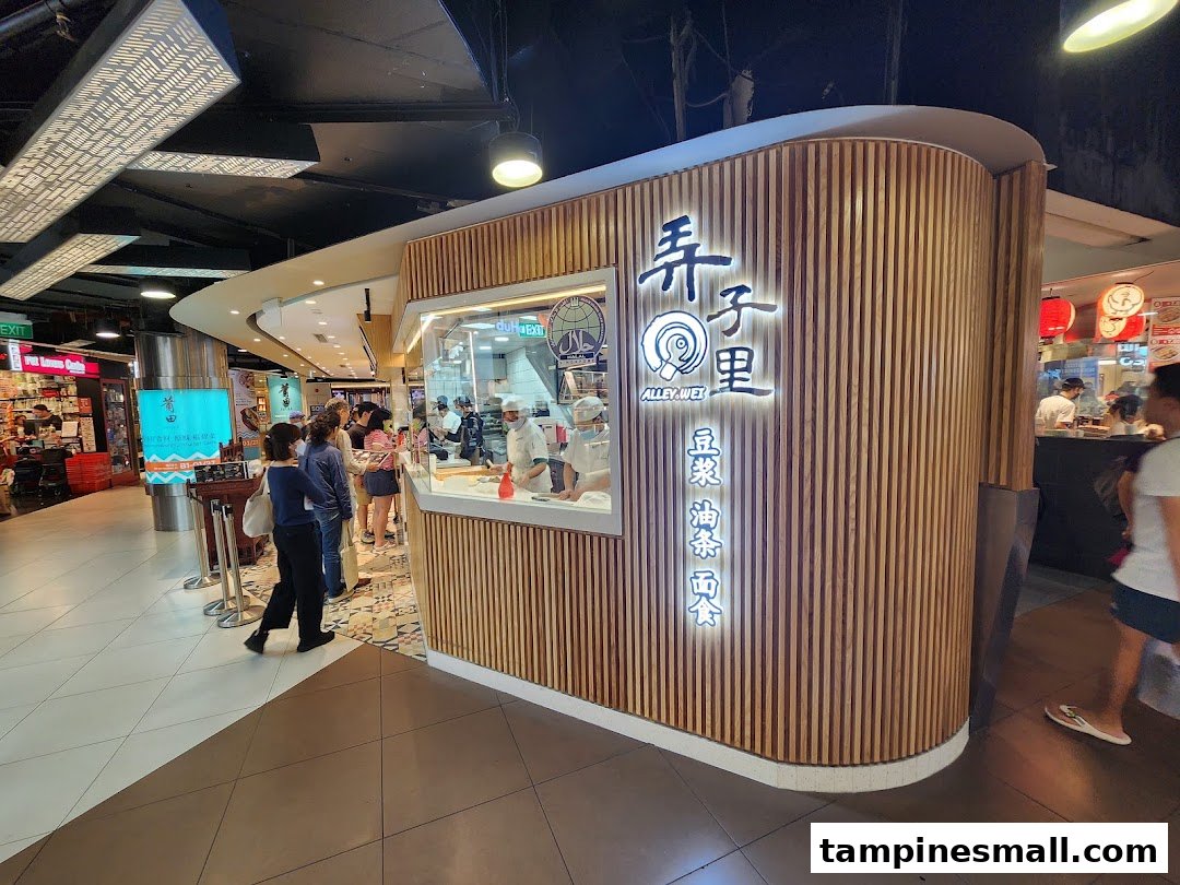 Alley Wei's modern wooden shop front with customers queuing and staff preparing food inside.