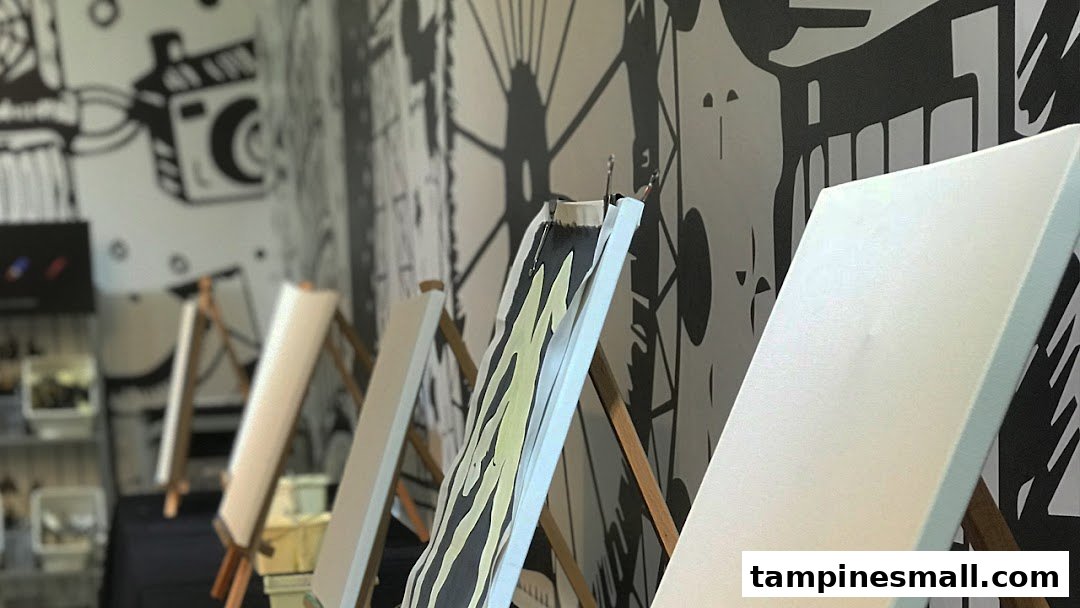 Easels with canvases set up in an art studio with graphic wall murals.