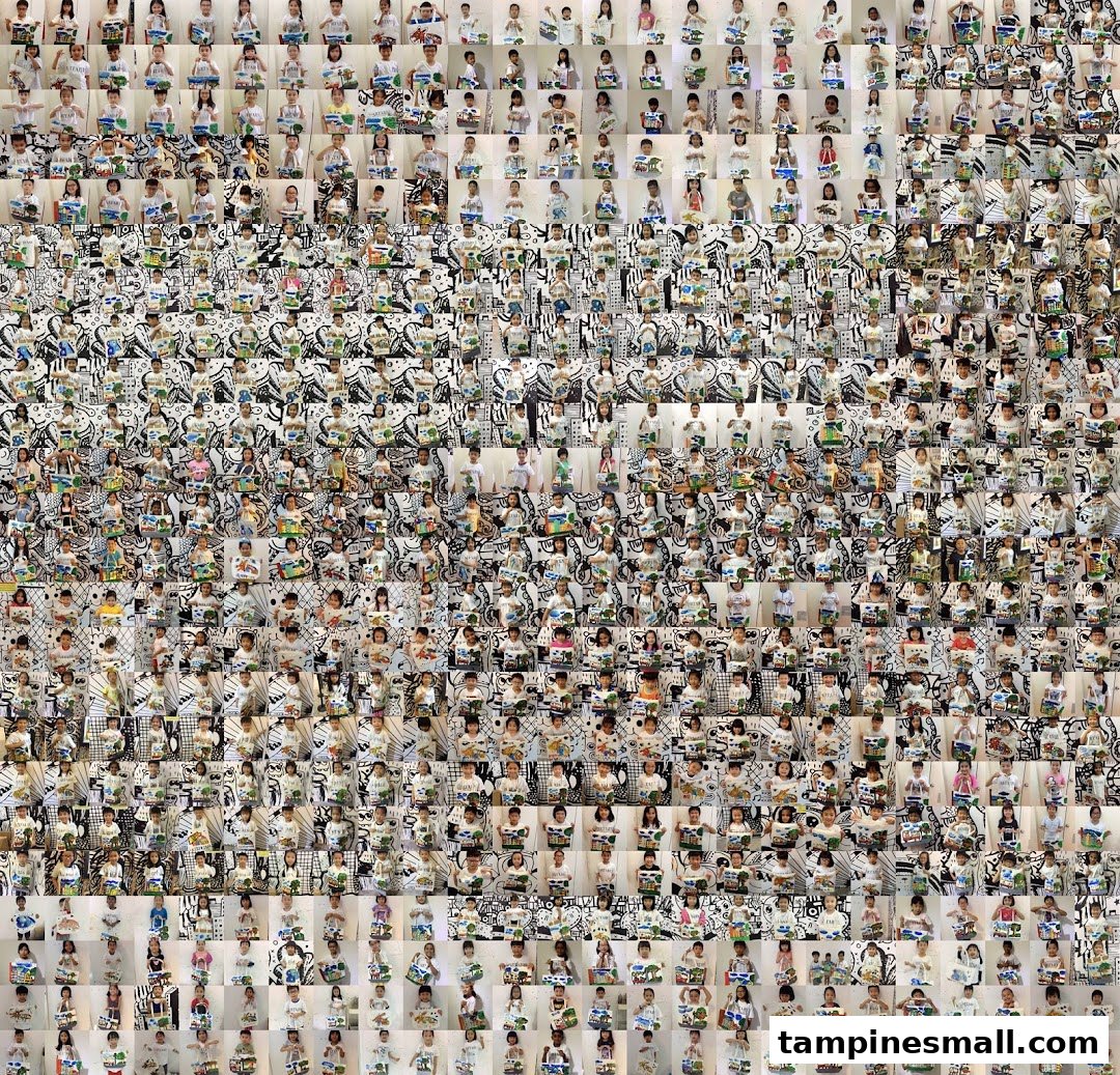 A large mosaic artwork featuring hundreds of children holding their creative art pieces.