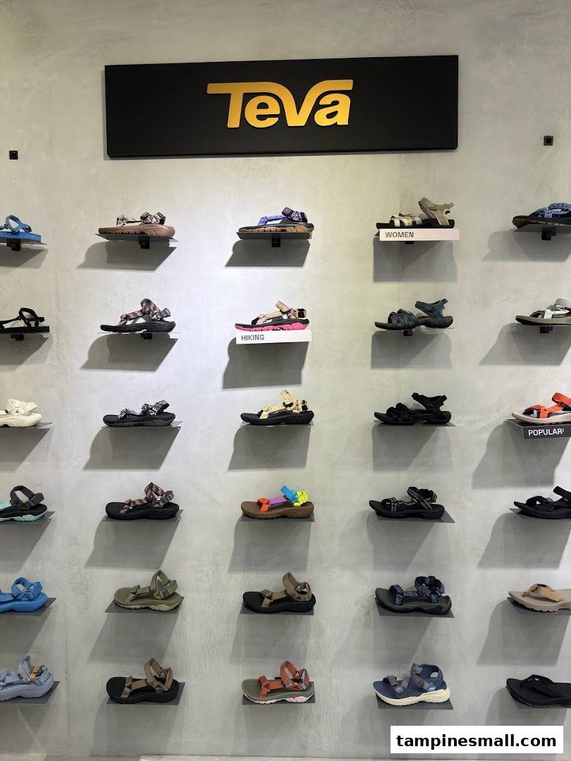 A wall display showcasing various Teva sandals for outdoor and casual wear.