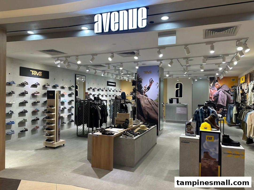 Interior view of Avenue Tampines Mall, showcasing a wide range of footwear and apparel from popular brands.