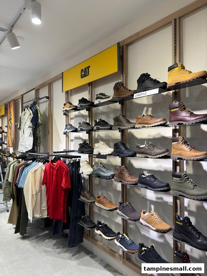 Interior view of a retail store showcasing a wide range of CAT brand footwear and apparel on display.