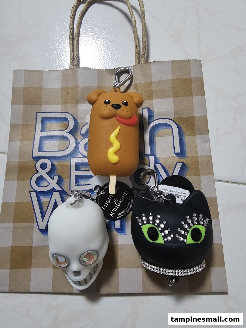 Three whimsical Bath & Body Works PocketBac holders, including a hot dog, skull, and black cat, on a branded bag.