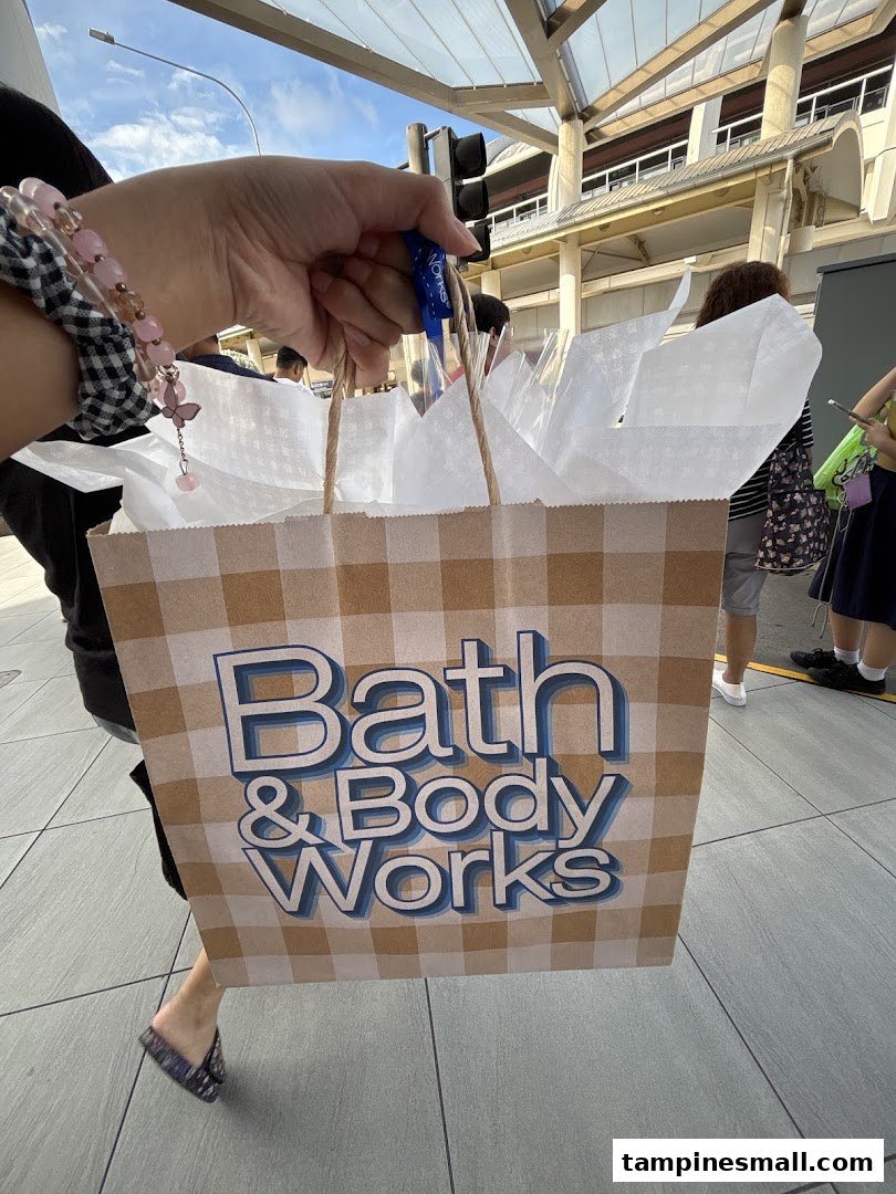 A person holds a Bath & Body Works shopping bag with a brown and white plaid design.
