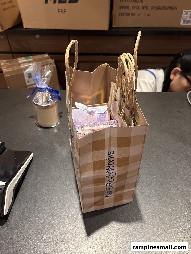 A Bath & Body Works shopping bag filled with products on a store counter.