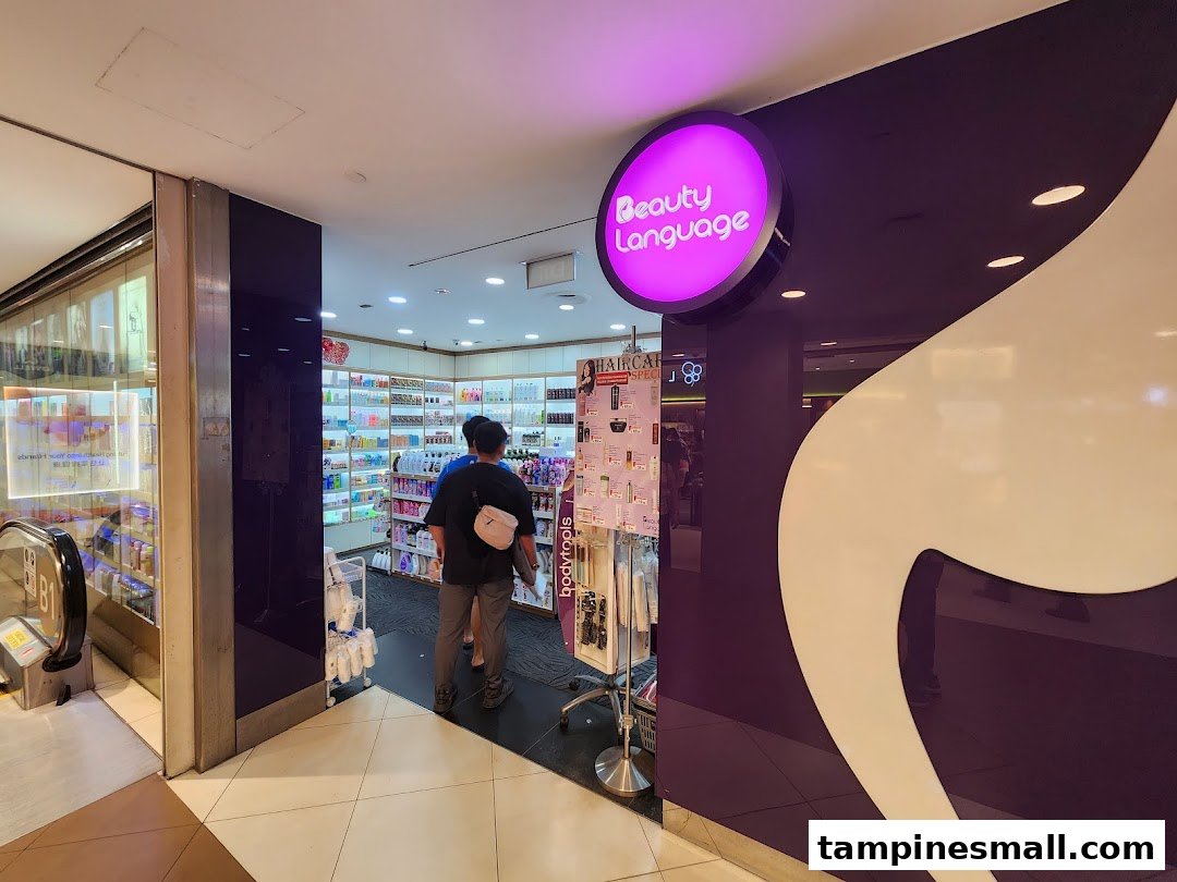 The entrance of Beauty Language shop with a prominent purple sign and visible interior.