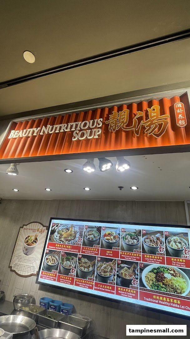 A digital menu board displaying various nutritious soups and a shop sign for 'Beauty Nutritious Soup'.