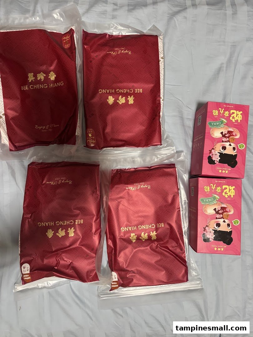 Assortment of Bee Cheng Hiang bak kwa packages and two pink boxes of OKRA snacks.