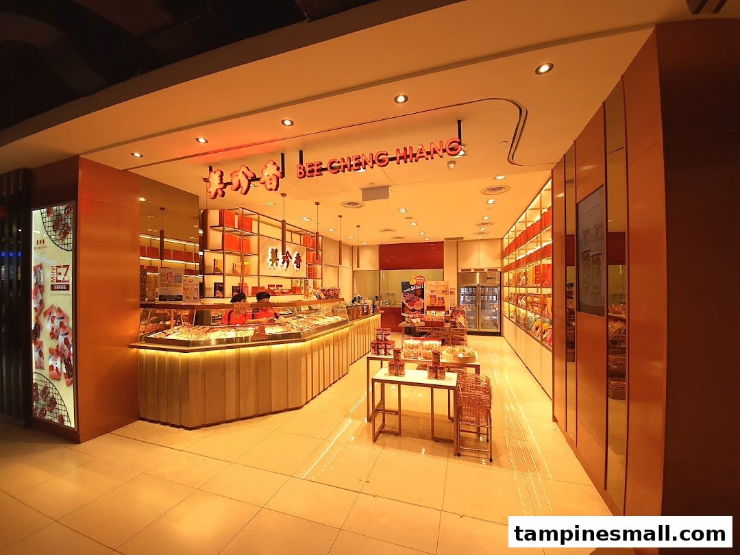 The brightly lit entrance of Bee Cheng Hiang, showcasing its inviting counter and product displays.