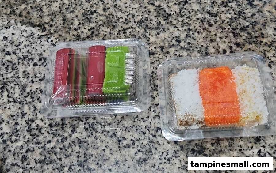 Two plastic containers of colorful traditional Indonesian cakes on a speckled countertop.