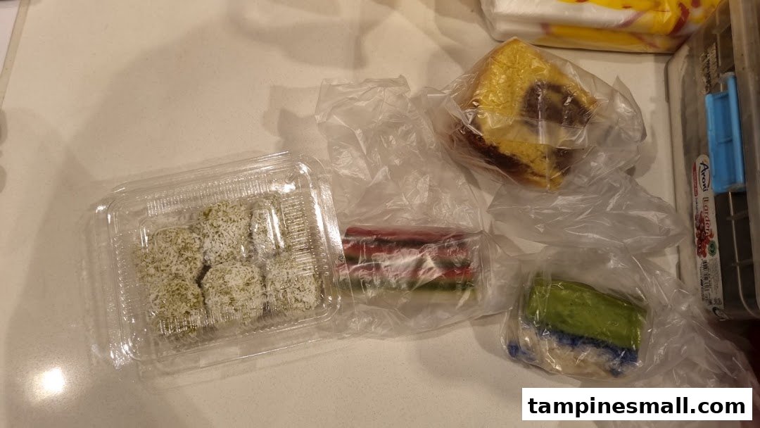 Various traditional Indonesian cakes and snacks, individually packaged, from Bengawan Solo.