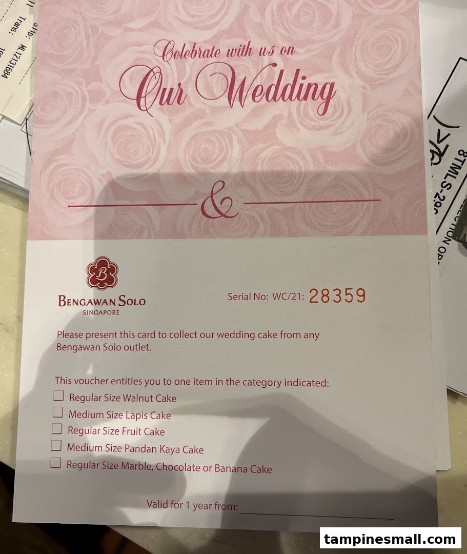 A Bengawan Solo wedding cake voucher displaying various cake options for collection.