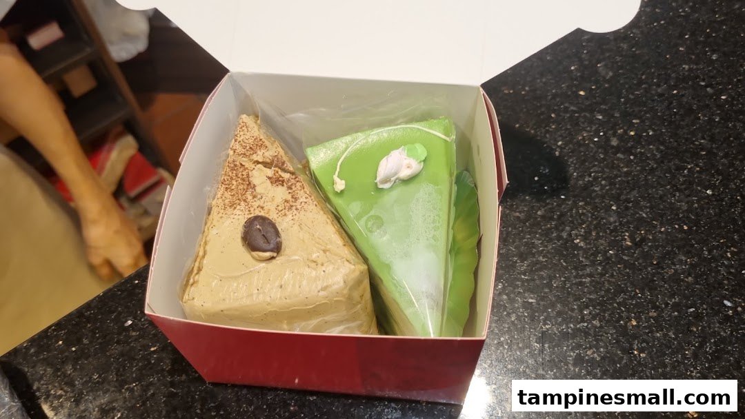 Two slices of cake, one coffee-flavored and one green, in a takeaway box.