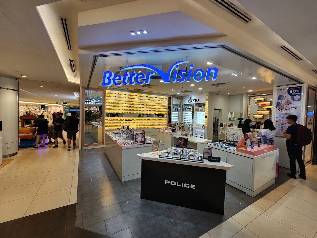 The Better Vision optical shop entrance, showcasing a wide array of eyewear and inviting customers inside.