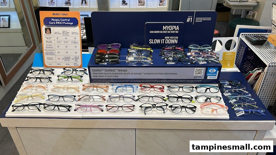 A display of eyeglasses and a detailed 'Myopia Control Care' package price list at Better Vision.