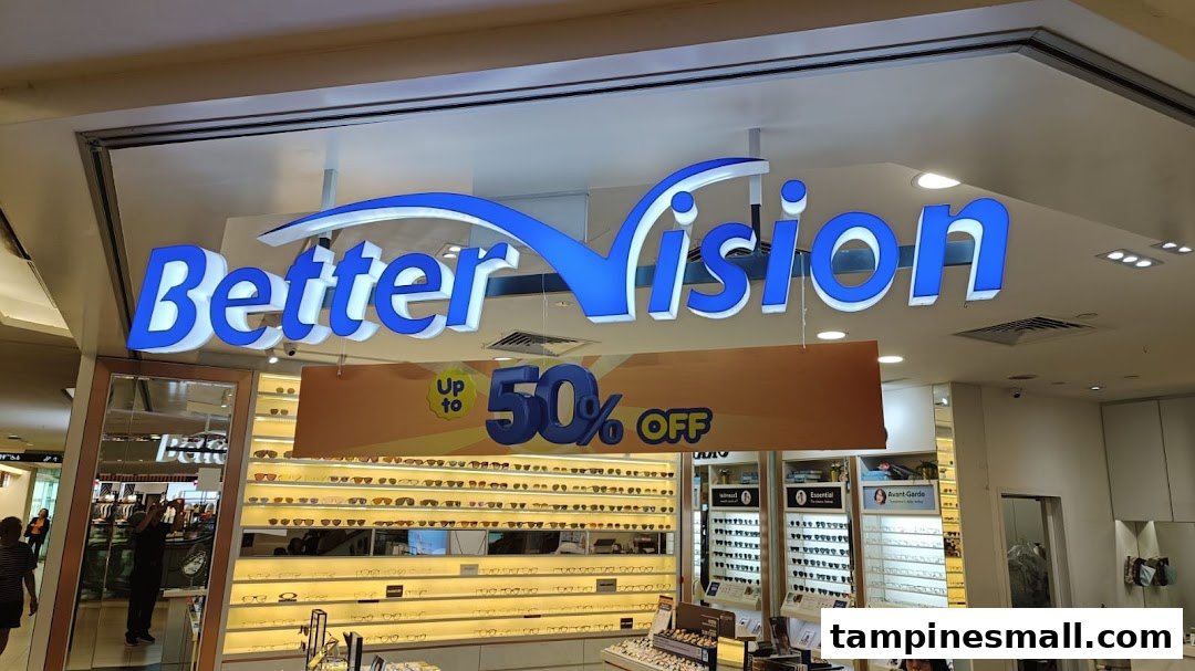 The storefront of Better Vision optical shop, featuring its prominent blue signage and a 'Up to 50% OFF' promotion.