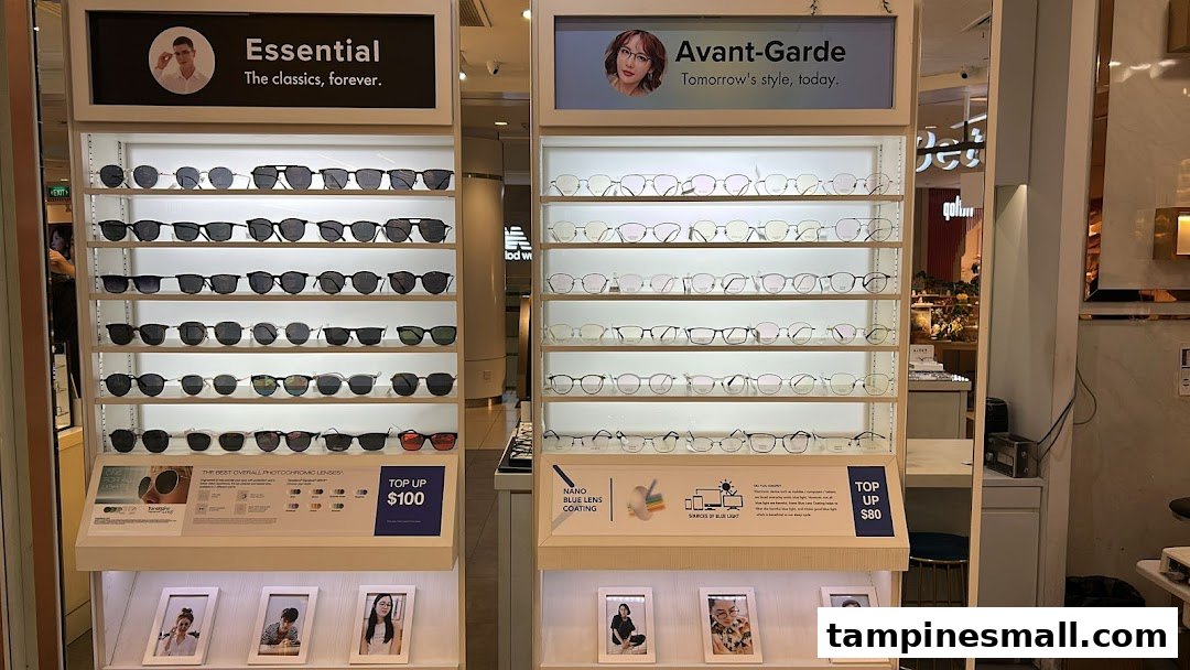 Two illuminated display stands showcasing a wide range of stylish eyeglasses and sunglasses at Better Vision.