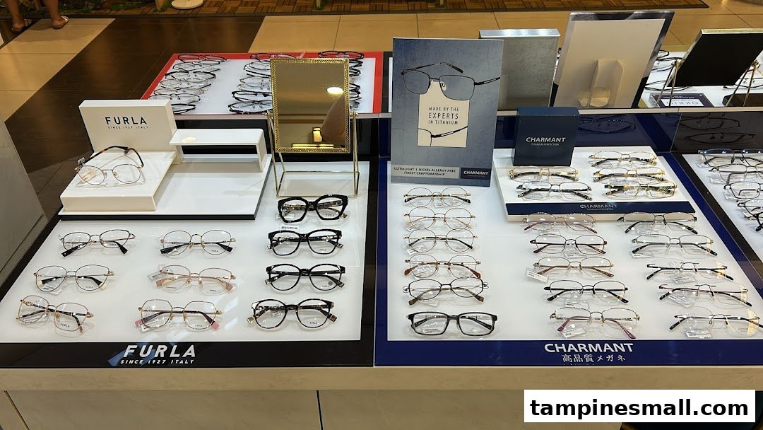 A display of various stylish eyeglasses from brands like Furla and Charmant inside an optical shop.