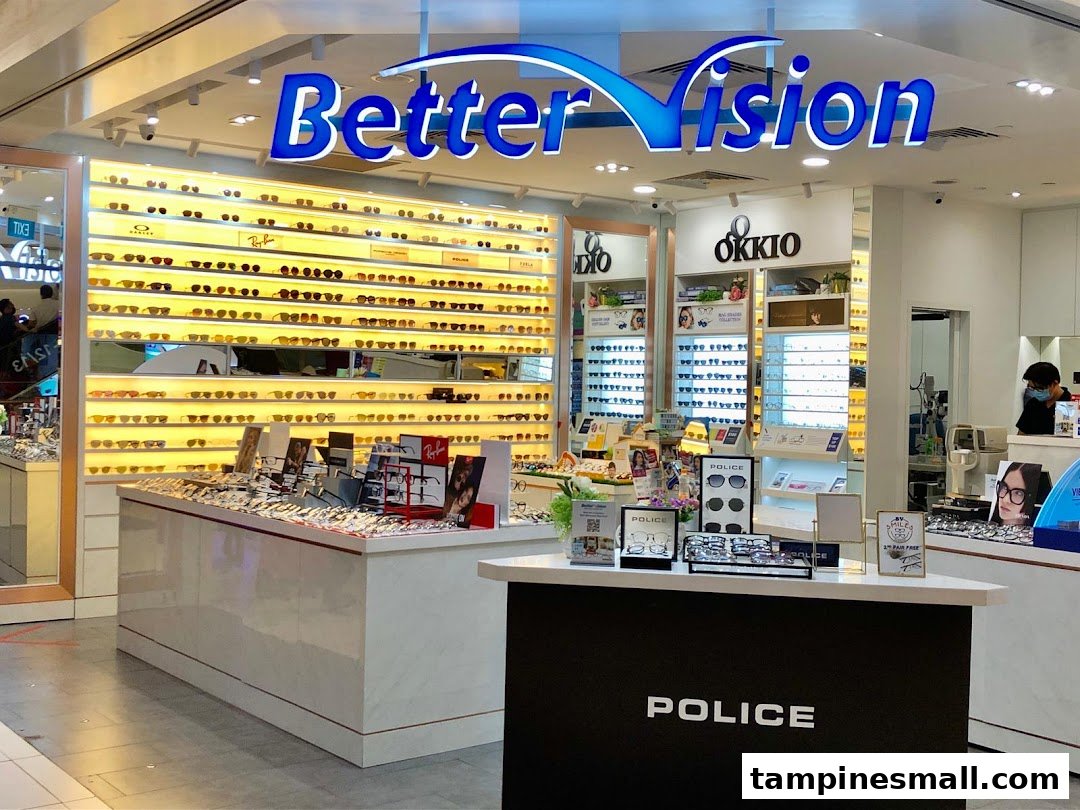 Brightly lit entrance of Better Vision optical shop showcasing a wide array of eyewear and sunglasses.