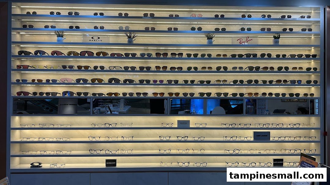 A brightly lit display wall showcasing a wide variety of sunglasses and optical frames from various brands.