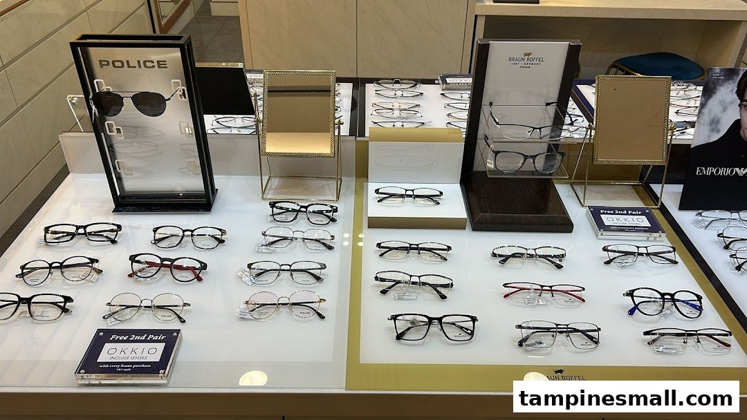 A bright display table showcasing a wide selection of eyeglasses and sunglasses from various brands.