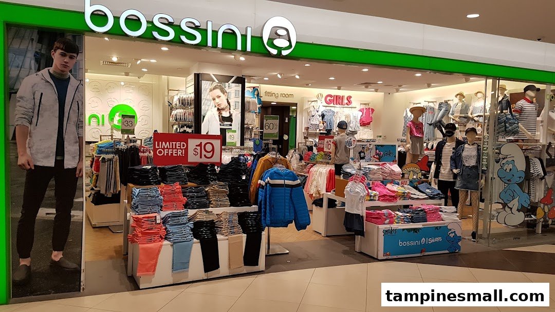 The vibrant storefront of Bossini at Tampines Mall, showcasing a wide range of casual wear and current promotions.