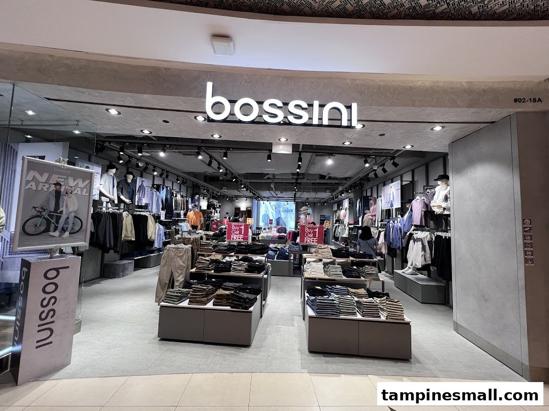 The bossini shop entrance at Tampines Mall, showcasing its bright interior and clothing displays.