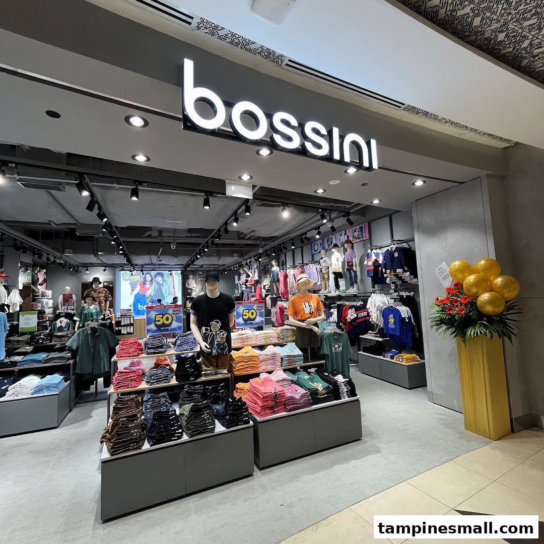 The Bossini store entrance features vibrant casual wear displays, mannequins, and prominent branding.