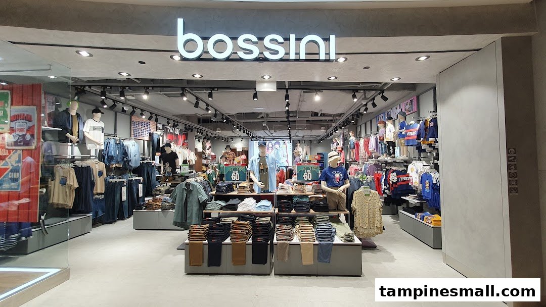 The brightly lit entrance of Bossini, showcasing a wide array of casual wear on mannequins and display tables.