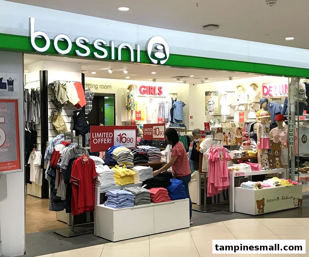 The entrance of Bossini clothing store, showcasing a wide range of apparel for men, women, and children, with ongoing promotions.