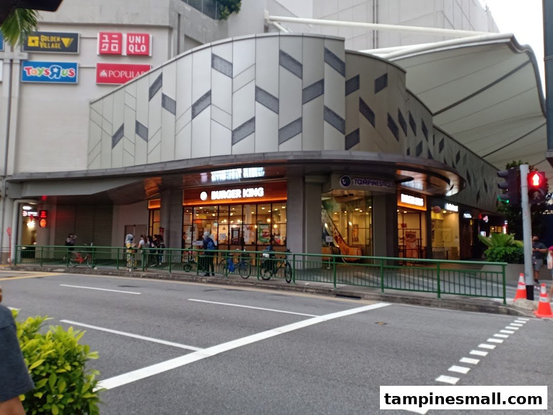 Exterior view of Burger King at Tampines Mall, showcasing its prominent storefront and surrounding mall environment.