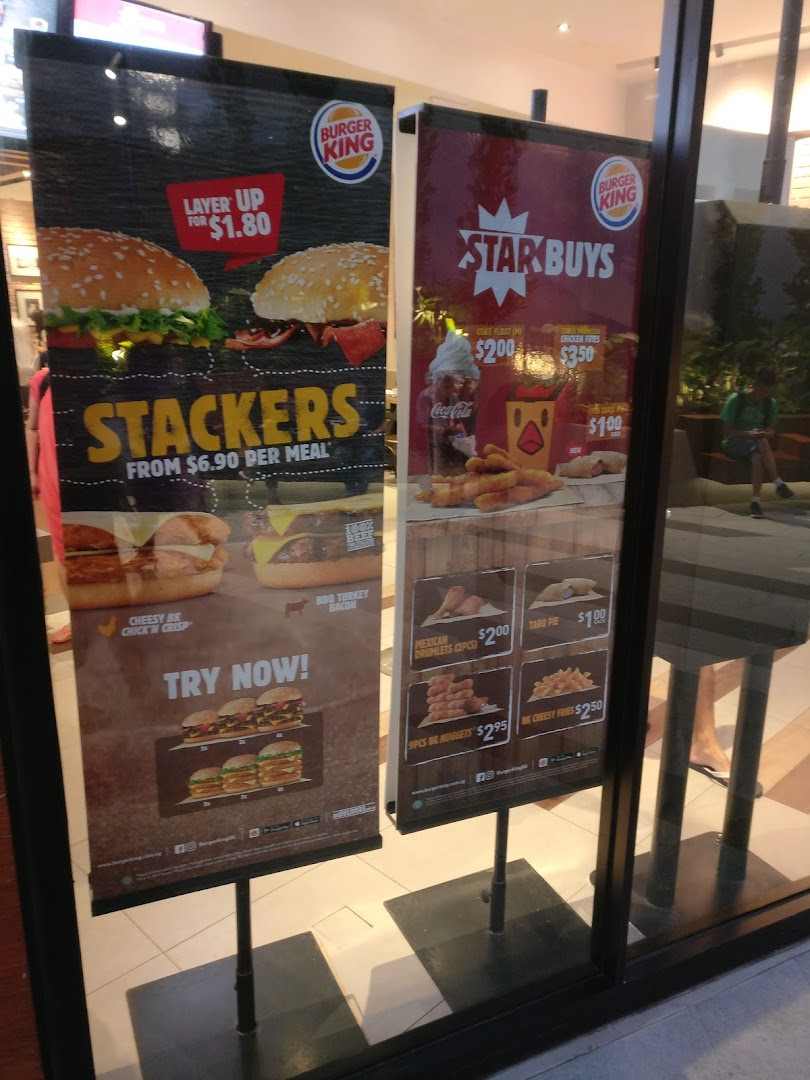 Promotional banners at Burger King Tampines Mall showcasing Stackers and Star Buys menu items.