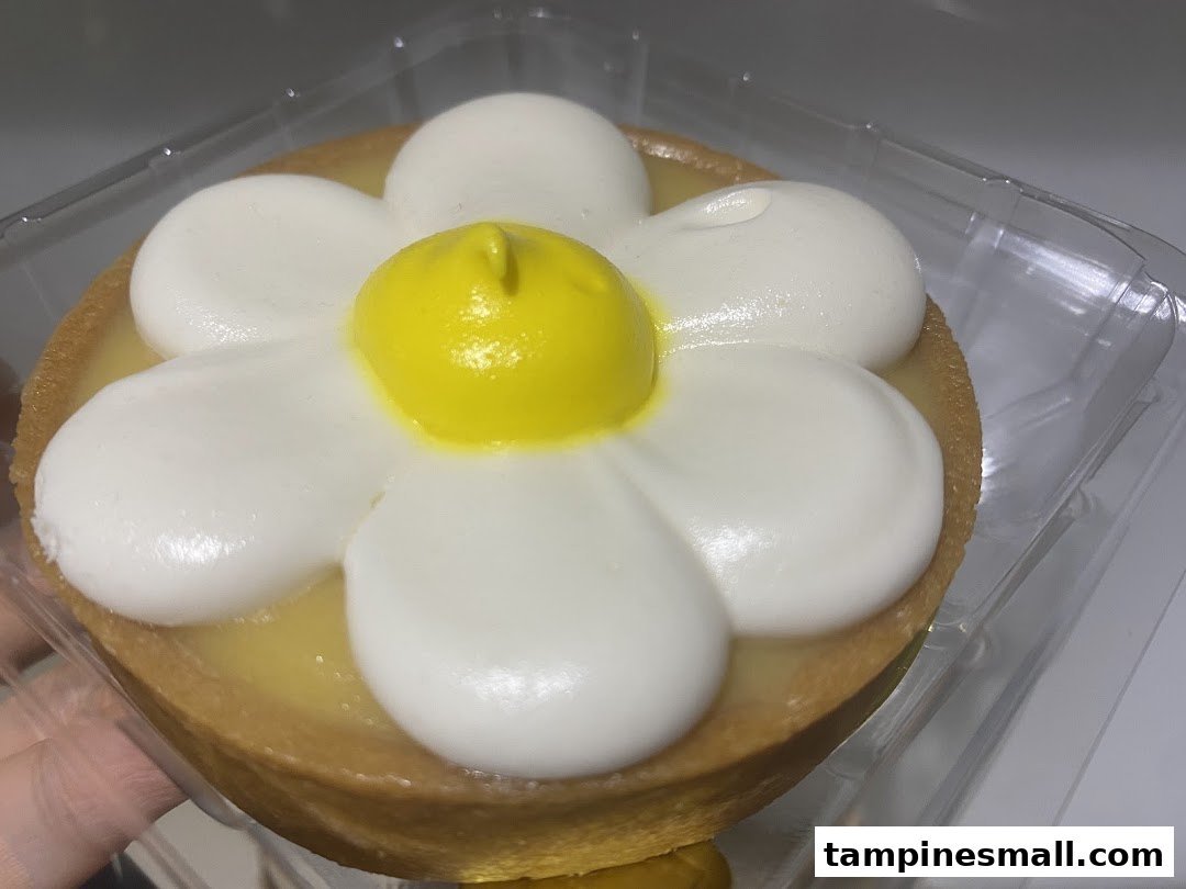 A delightful daisy-shaped tart with white petals and a yellow center, presented in a clear plastic container.